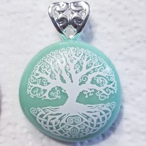 Mint green/white tree of life glass pendant